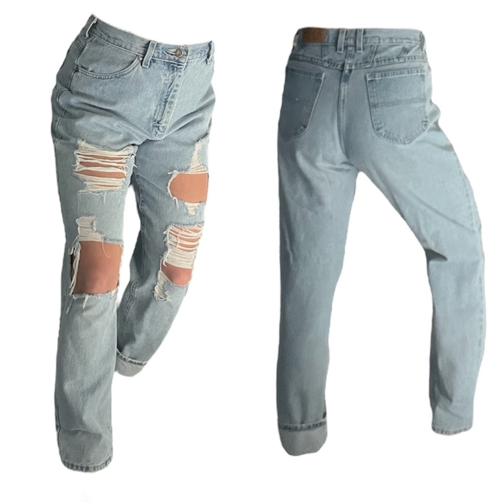 VINTAGE Yoked Riders by Lee Light Wash Hand Distressed Mom Jeans